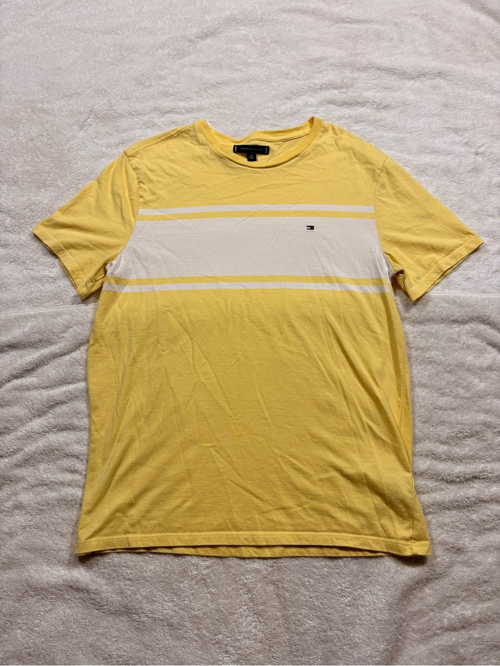 Tommy Hilfiger Mens Yellow White Stripe Crew Neck Short Sleeve T-Shirt Size L